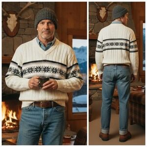 NWOT Jantzen XL Vintage 90s Cabincore Dadcore Ski Lodge Knit V Neck Sweater